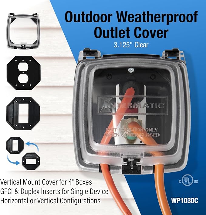 Intermatic WP1030C 3-1/8” Deep Weatherproof Outlet Cover – UV Stabilized Clear, GFCI & Duplex, Vertical Mount, UL Certified – Fits Single Device Only for Larger Double-Gang 4” x 4” Boxes