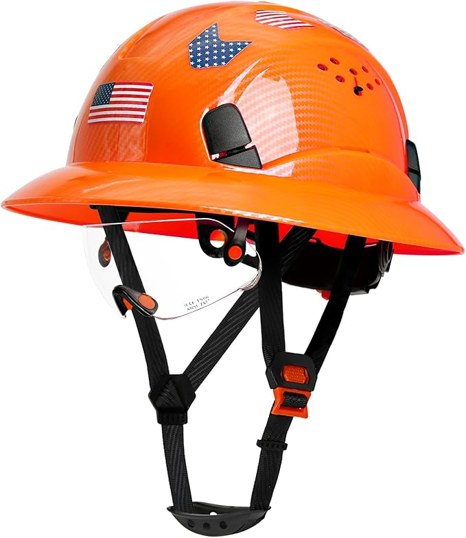 Carbon Fiber Pattern Full Brim Hard Hat with Visor-OSHA Approved Construction Safety Helmet for Men Women,ANSI Z89.1 Vented Reflective Hardhat with Hard Hat Chin Strap,6-Point Suspension