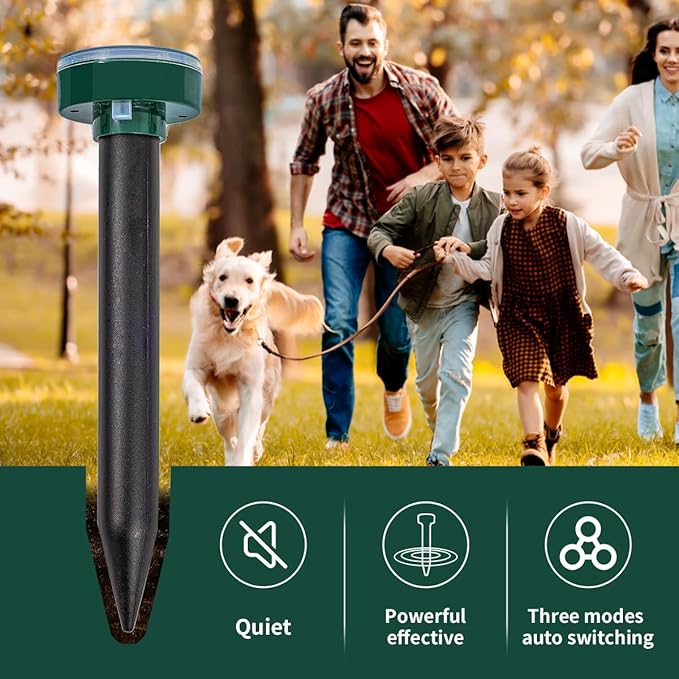 Green 8 Mole Repellent for lawns Gopher Repellent Ultrasonic Solar Powered Snake Repellent Deterrent Mole Repeller Vole Repellent Outdoor Lawns Garden Yard All Pests Sonic Spikes Stakes Chaser upgrade