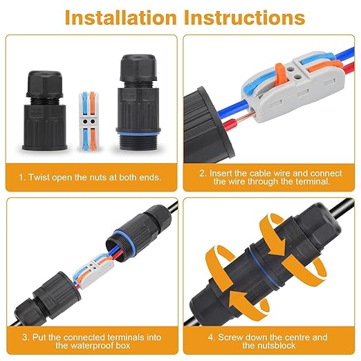 Linkstyle 10PCS Waterproof IP68 Junction Box, Outdoor 2 Way Electrical Cable Connector, with Replaceable Lever Wire Connectors for AWG 28-12 Gauge Wire 2 in 2 Out Quick Terminal