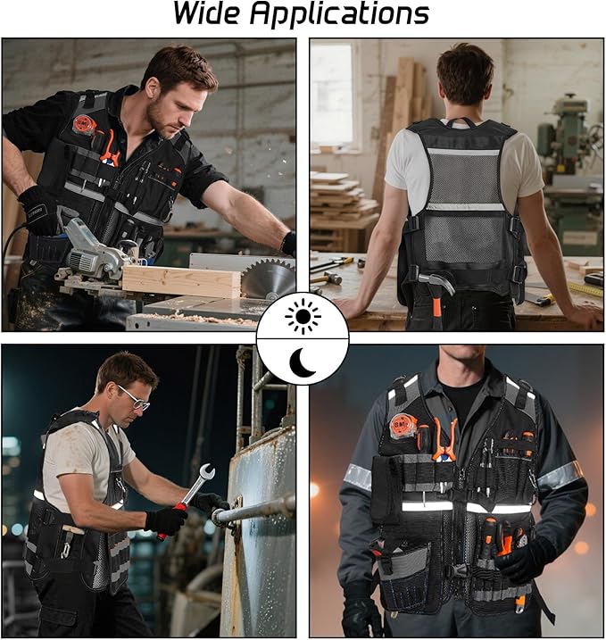 Electrician Tool Vest for Men, Reflective Safety Work Vest with Adjustable Thick Straps, Removable Phone Holder for Electrical, Carpenters, Construction, 22 Pockets