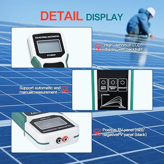 1800W Solar Panel Multimeter Tester, MPPT Photovoltaic Power Meter with LCD Backlight, Auto/Manual Detection, Measures Open Circuit Voltage, Max Power Point Pmax, Vmp, Imp