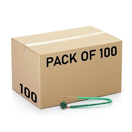 (Pack of 100) 12 AWG Solid Copper Ground Wire with Green Ground Screws – 6.5" Edge-Stripped Grounding Wire, 5/8" Strip, 10-32 x 3/8" Captive Green Screws for Electrical Boxes