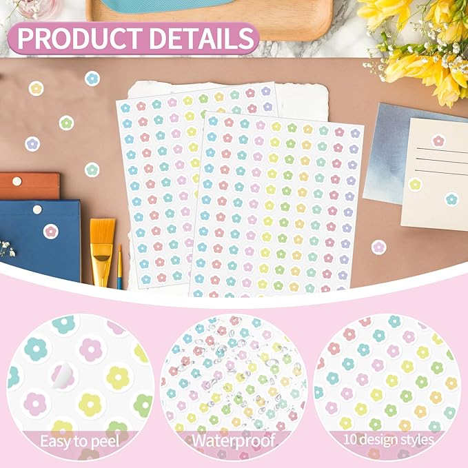 2400 Pcs Small Sticker for Kids,Mini Flower Sticker Cute Paper Decals 10 Designs Self-Adhesive Stickers for Summer Party Envelopes Scrapbook Gifts DIY Supplies,0.5in（Morandi）