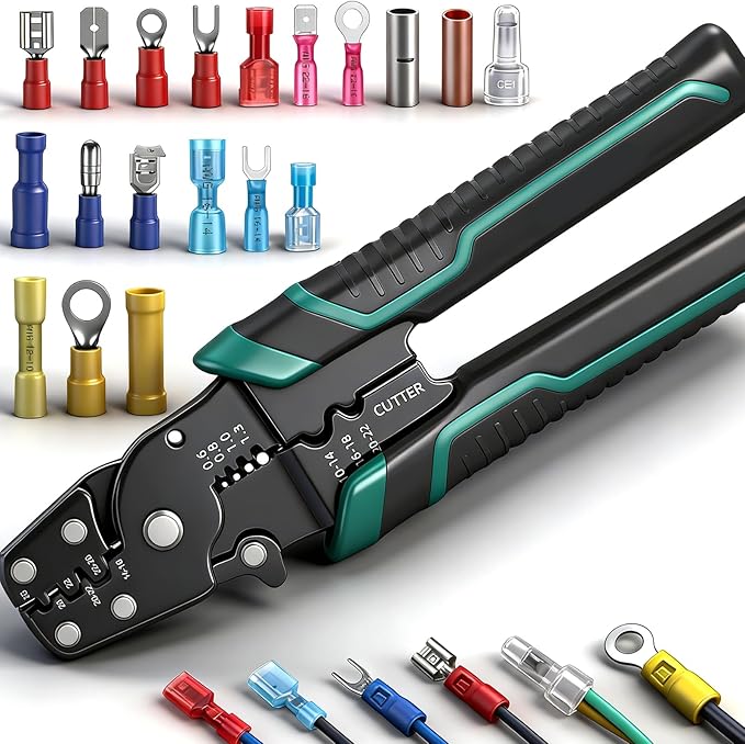 smseace Green Wire Crimping tool Wire crimper,stripper and cutterfor insulated/Bare/Heat Shrink connectors(22-10 AWG) Multifunctional stripping crimping pliers Wire stripper and crimping tool