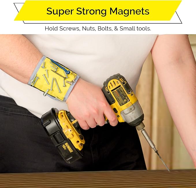 BYKES Magnetic Wristband for Holding Screws, Nails & Tools | Strong Magnetic Extra Large Tool | Portable DIY Magnetic Wristband | Wide Surface Magnet | Heavyduty Tool Gift for Handyman | Yellow/Gray