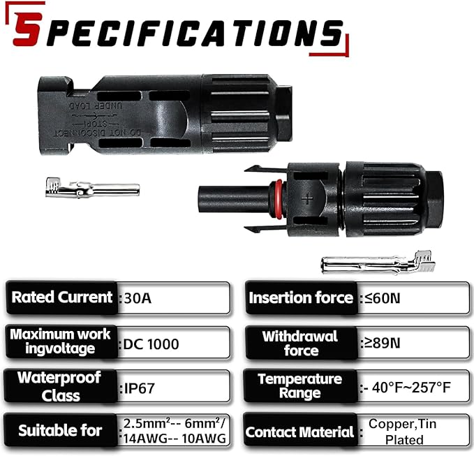 48 PCS Solar Connectors Male & Female Panel Cable Connectors with 2Pcs Spanners IP67 Waterproof (24 Pairs)