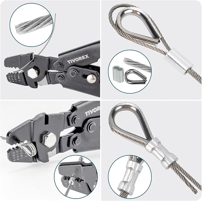 328ft Wire Rope Crimping Tool Kit with Built-in Cutter, 1/16" Stainless Steel Wire Rope Cable with 210PCS Aluminum Crimping Loop Sleeve, 50PCS Thimble for Railing, Decking, Picture Hanging