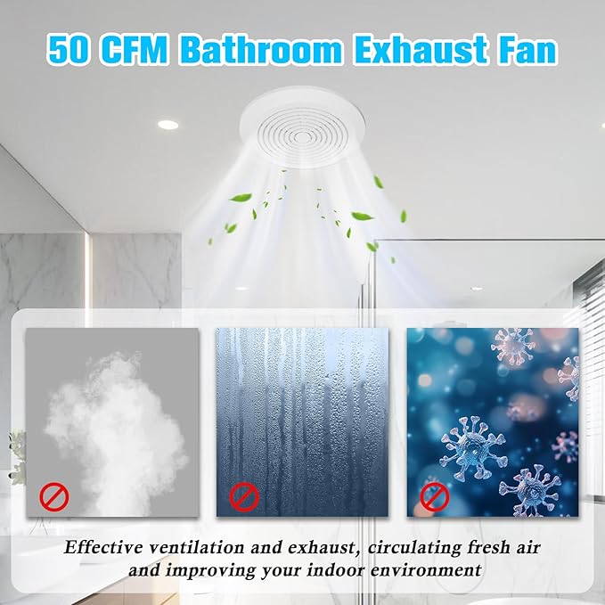 V2262-50 7 Inch Bathroom Exhaust Fan, 1.0 Sones, 50 CFM Ceiling Exhaust Fan, for 8" Opening, Quiet Effective Ventilation for Bathroom, Laundry Room, Kitchen, Mobile Home