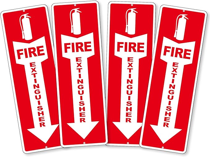 (4 Pack) Fire Extinguisher Signs – Strong Self Adhesive Fire Extinguisher Sign for Business, 12x4 Inch Aluminum Fire Extinguisher Signs Weather Resistant and Easy to Install (Red)