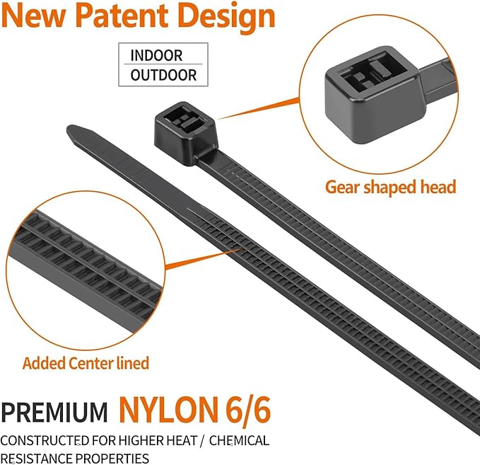 18 inch Black Long Zip Ties Heavy Duty (500 Pack), 2024 New Patented Design, 300 LBS Ultra Strong Tensile Strength, Self-Locking Nylon PA66 UV Resistant Cable Ties for Indoor and Outdoor Use