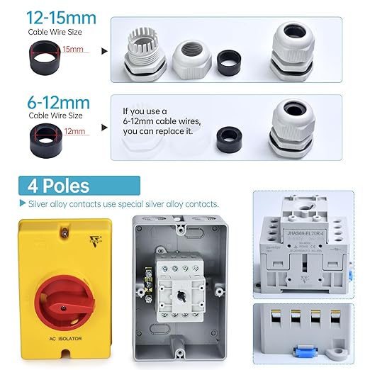 32 Amp Disconnect Switch IP66 Waterproof 690V AC Disconnect 30Amps Electric Switch for Machines On Off Combiner Box 4 Pole for PV Systems