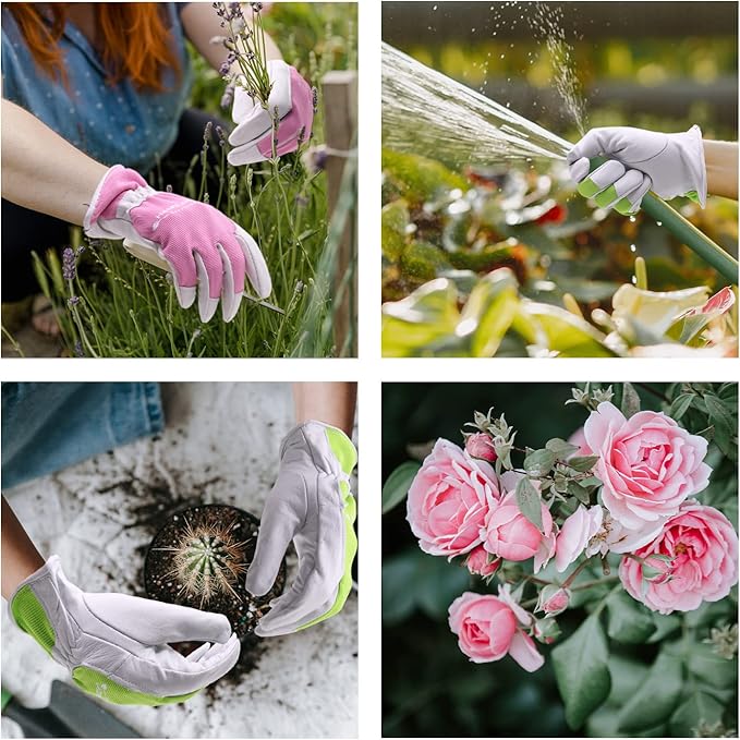 HANDLANDY Work Gloves for Women, Breathable Leather Gardening Glove for Yard Maintenance, Hand Protection with Touch Screen