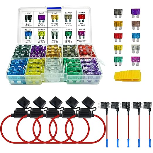 MuHize Fuse Tap Kit - Standard Inline 14AWG Fuse Holders, Add-a-Circuit Fuses Taps with 100 Pack Fuses (2A/3A/5A/7.5A/10A/15A/20A/25A/30A/35A) for Automotive, Marine