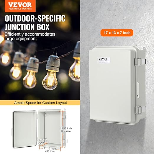 VEVOR Weather-Resistant Junction Box, Dimensions: 16.93x12.99x7.09 inches, Crafted from ABS Plastic with a Secure Hinged Lid and Stainless Steel Lock, IP67 Rated for Ultimate Dust and Water Protect