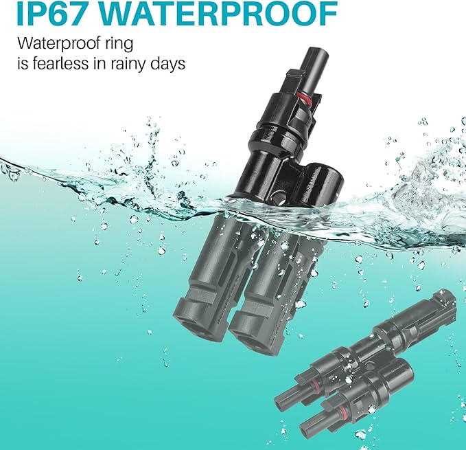 Solar Panel Connector 5 Pair 2 to 1 T Branch Parallel Adapter, 30A 1000V 10AWG Tool-Free IP68 Waterproof Cable for Solar Panels (T Branch, 2to1(5Pairs))
