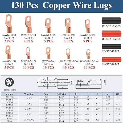 PEASUG Copper Wire Lugs 130Pcs, AWG 2 4 6 8 10 12 Gauge Battery Cable Ends with 66Pcs Heat Shrink Tubing Set, 64Pcs Ring Terminals Connectors Assortment Kit for Marine, Automotive, Cables, Appliances