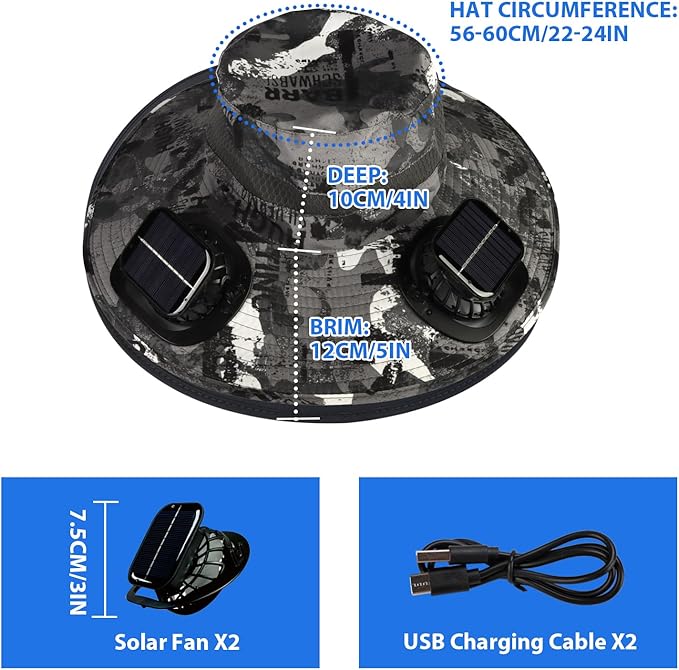 Solar Fan Hat,Sombrero con ventilador Solar,Fishing Hat with Fan for Men, Wide Brim Sun Hat with 2 Solar Fan,3 Speed Adjustable Fans Hats,Waterproof Outdoor Hiking Camping Fishing(Black and White)