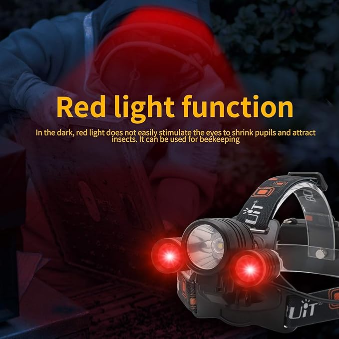 BORUIT LED Rechargeable Headlamp with Red and White Light,Super Bright Battery Powered 3 Modes Waterproof Head Lamps with Bike Clip for Hunting Fishing Camping Hiking
