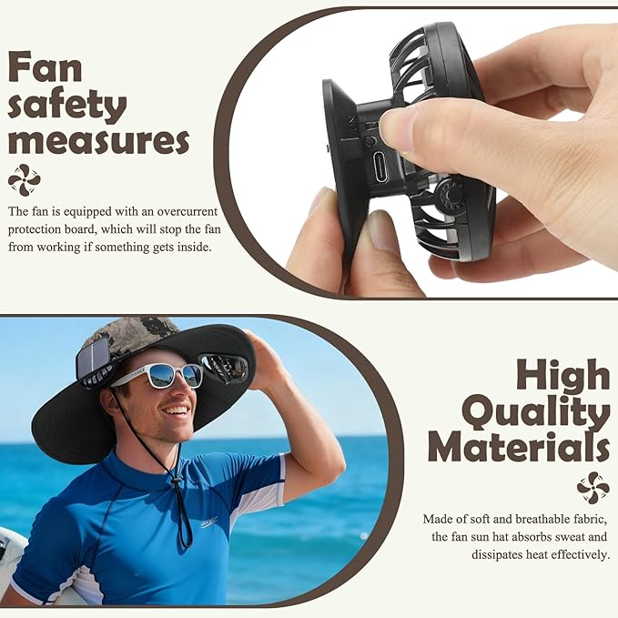 Berlune Men Sun Hat with 2 Solar Fans Wide Brim Outdoor Fishing Hat USB & Solar Powered for Sun Protection Camping Hiking
