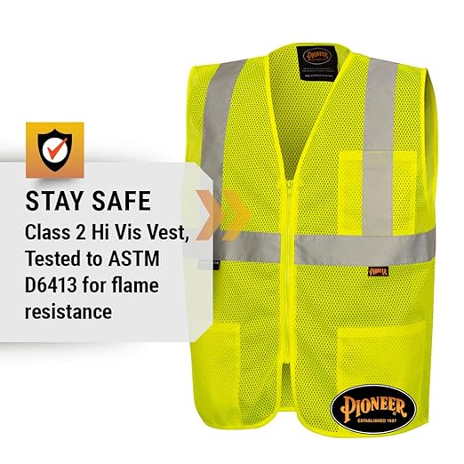 Pioneer Hi Vis Self-Extinguishing FR Safety Vest for Men & Women - Flame Resistant Mesh with Reflective Tape - Class 2