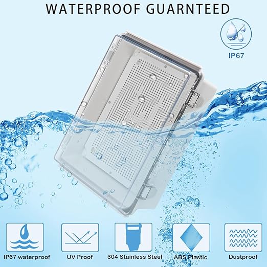 Zulkit Junction Box IP67 Waterproof Electrical Box Hinged Clear Cover Stainless Steel Latch Plastic Enclosure for Project w Mounting Plate Wall Bracket and 2 Cable Gland 11"x7.5"x5.5"/280x190x140mm