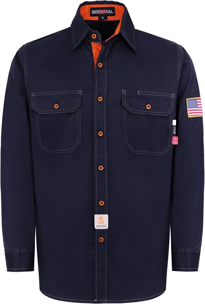 BOCOMAL FR Shirts for Men Flame Resistant Light Weight NFPA2112 Fire Retardant Welding Shirt Water & Oil Repellent Finish