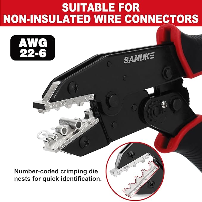 Sanuke Crimping Tool For Non-Insulated Wire Connectors-AWG 22-6 Ratcheting Wire Terminal Crimper-Electrical Crimping Tool for Non-Insulated Connectors