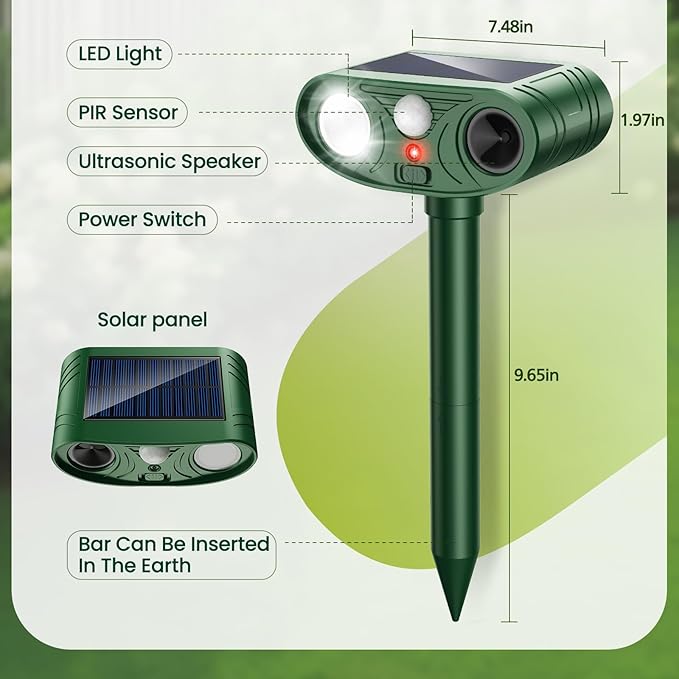 2026 Upgraded Ultrasonic Solar Animal Repellent Outdoor, Deer Repellent Devices Squirrel Cat Raccoon Rabbit Dog Deterrent with Motion Sensor Flash Light for Yard Garden Lawn-4 Pack