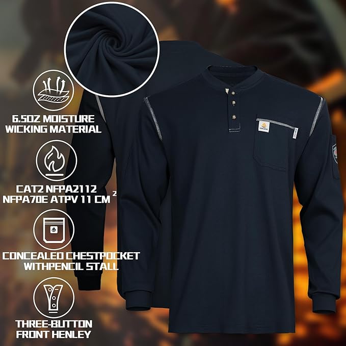 FR Shirts for Men CAT2/HRC2 Flame Resistant Shirts 6.5oz Light Weight Long Sleeve Fire Retardant Shirts