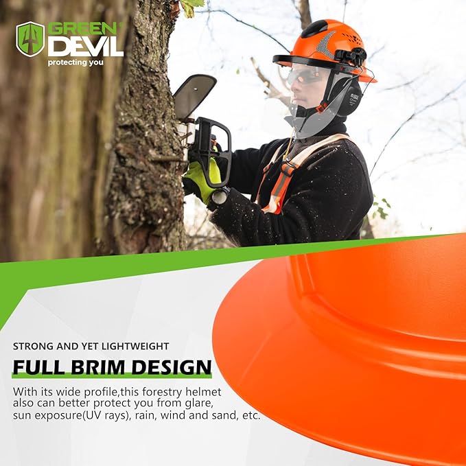 GREEN DEVIL Industrial Chainsaw Helmet with Face Shield Built in Visor and Ear Muffs 4 in 1 System ANSI Z89.1 Safety Hard Hat Adjustable Headgear Ideal for Forestry and Arborist Work Full Brim Style