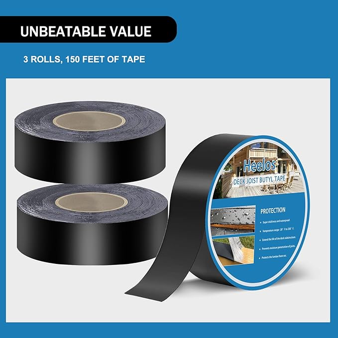 Deck Joist Tape 1-5/8'' x 50', Butyl Deck Tape Flashing Joists Tape for Decking Joist Tape for Flashing Deck Joists and Beams Building Joists(3 Rolls)