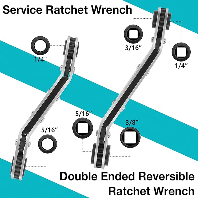 DURATECH HVAC Service Wrench Set, Refrigeration Wrench, 3/16", 1/4", 5/16", 3/8", for Air Conditioning & Refrigeration Equipment, with Hex Bit Adapter