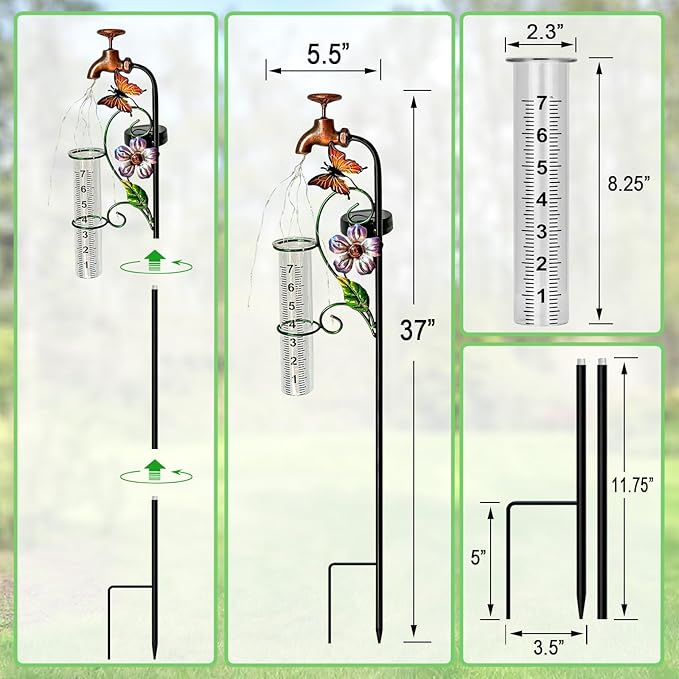 Glass Rain Gauge Outdoor,Solar Lights Faucet Stake with Rain Gauges,Flowing Water LED Lights Stake for Outside,Yard Art,Garden Decor