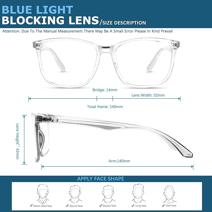 Blue-Light Blocking Glasses Computer Reading/Gaming/TV/Phones Glasses Fashion Anti Eyestrain Glasses for Women Men（C4 Transparent + Blue）