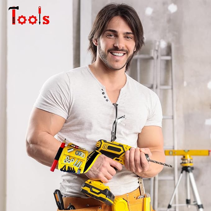 Magnetic Wristband with Flashlight and Tape Measure – Screw, Drill Bit, and Nail Holder with 20 Strong Magnet Pieces Increases Convenience for DIY, Carpenters, Mechanics, and More by MEBTOOLS
