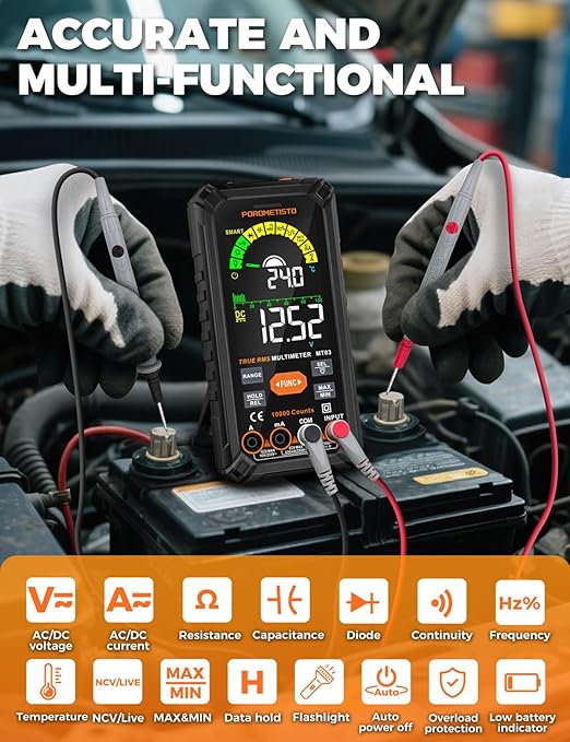 Digital Multimeter Tester 10000 Counts, Smart Multimeter Rechargeable, Auto-Ranging Voltmeter for Measuring Voltage and so on, Dual Fuse Overload Protection, Foldable Stand, Smart Input Jack Warning