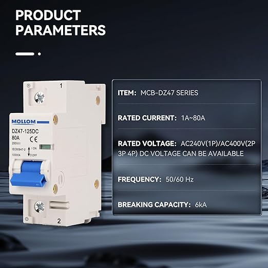 MOLLOM DC 1 Pole Miniature Circuit Breaker, 250V 80Amps, C80 Scene Visualization Custom MCB Thermal Magnetic Trip, 6KA Breaking Capacity DC Disconnect Switch for Solar PV System