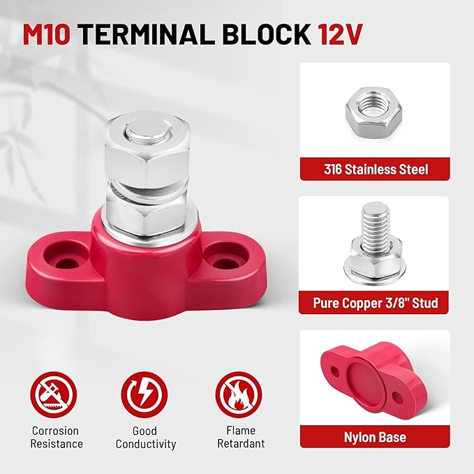 RED WOLF 12V 150A Power Distribution Block 3/8" Single Stud Busbar M10 Terminal Bus Bar 12 Volt DC Battery Junction Post Power for Auto Boat Marine Solar System Positive and Negative (2PC)