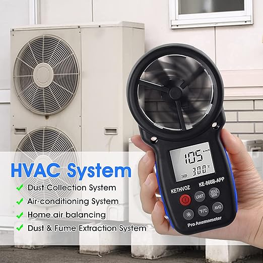 Bluetooth Digital Anemometer, Kethvoz Handheld Wind Speed Meter with Data Logger Measure Air Flow Velocity 0.3~30m/s for Drone Hunting Shooting HVAC Dust Collector