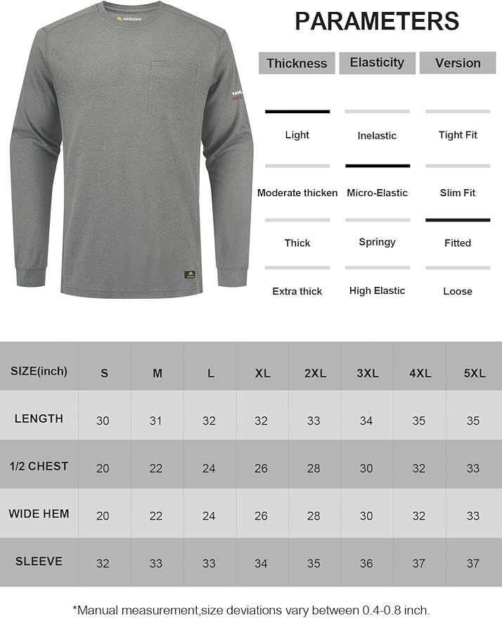 FR Shirts for Summer Crew T-Shirt 5.5OZ Heather Jersey Flame Resistant Long Sleeve Crew T Shirt CAT2