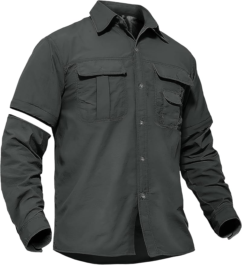 TACVASEN Men's Convertible Long Sleeve Fishing Shirts Lightweight Quick Dry Button Up Tactical Sun Shirts for Safari Hiking
