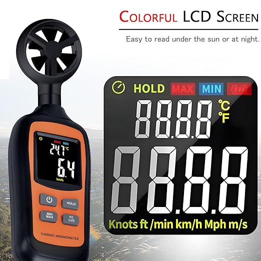Digital Wind Speed Meter Anemometer,Handheld Air Flow Velocity Meter for Measuring Wind Speed/Temperature with 4 Digit Color Screen,for Shooting, HVAC, Drone Flying,Windsurfing, Sailing, Surfing