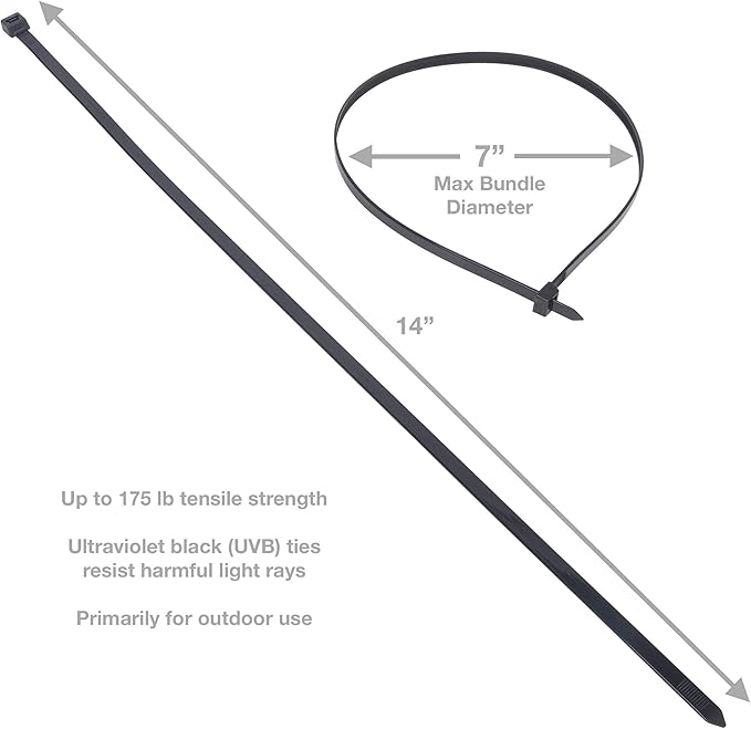Gardner Bender 46-424UVB Heavy-Duty Cable Tie, 24 inch, 180 lb, Electrical Wire and Cord Management, Nylon Zip Tie, 50 Pk, UV Resistant Black
