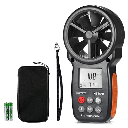 Kethvoz Anemometer, Digital Wind Speed Meter & CFM Air Flow Tester - Handheld Device to Measure Wind Velocity, Temperature, CFM for HVAC, Drone Flying, Sailing, Hunting