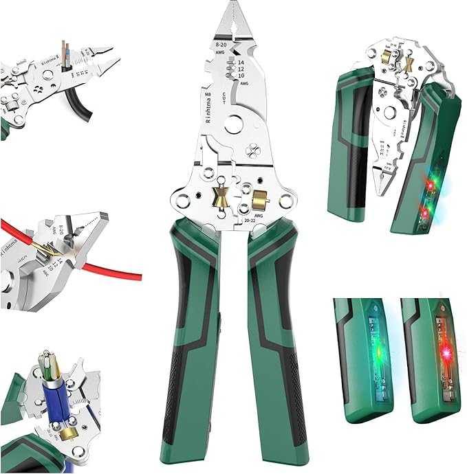 14-in-1 Wire Stripping Pliers, 2026 New Rechargeable Wire Strippers Tool with Voltage Tester&Alarms, Detectable 12-250V, Heavy-Duty Electrical Pliers&Wire Cutters–for Professional and Home Use (Green)