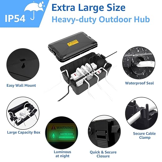 Outdoor Extension Cord Cover,NineLeaf IP54 4PK Small Weatherproof Extension Cord Safety Cover+1PK Extra Large Outdoor Electrical Box,7 Cable Seal Entry,Protect Timer,Power Strip,Holiday Light