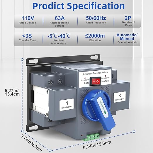 220V 63A Dual Power Automatic Transfer Switch, ATS 2P 50/60Hz, Generator Changeover Switch