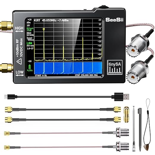 Portable TinySA Spectrum Analyzer, SEESII Upgraded V0.3.1 Tiny Frequency Analyzer with Antenna SMA Male to UHF Female Cables, 100kHz to 960MHz MF/HF/VHF UHF Input, 2.8'' Touchscreen Signal Generator
