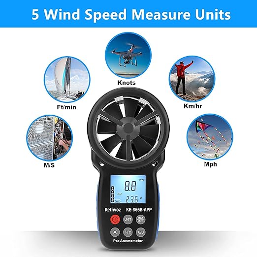 Bluetooth Digital Anemometer, Kethvoz Handheld Wind Speed Meter with Data Logger Measure Air Flow Velocity 0.3~30m/s for Drone Hunting Shooting HVAC Dust Collector